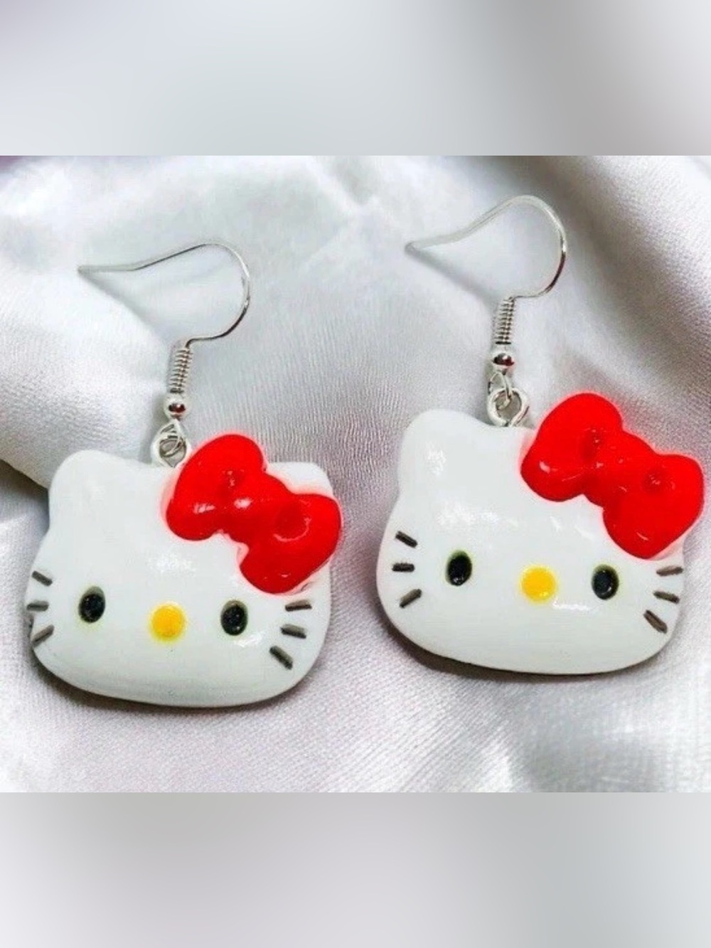 Handmade White and Red Kitty Earrings - Cute Bow Dangle